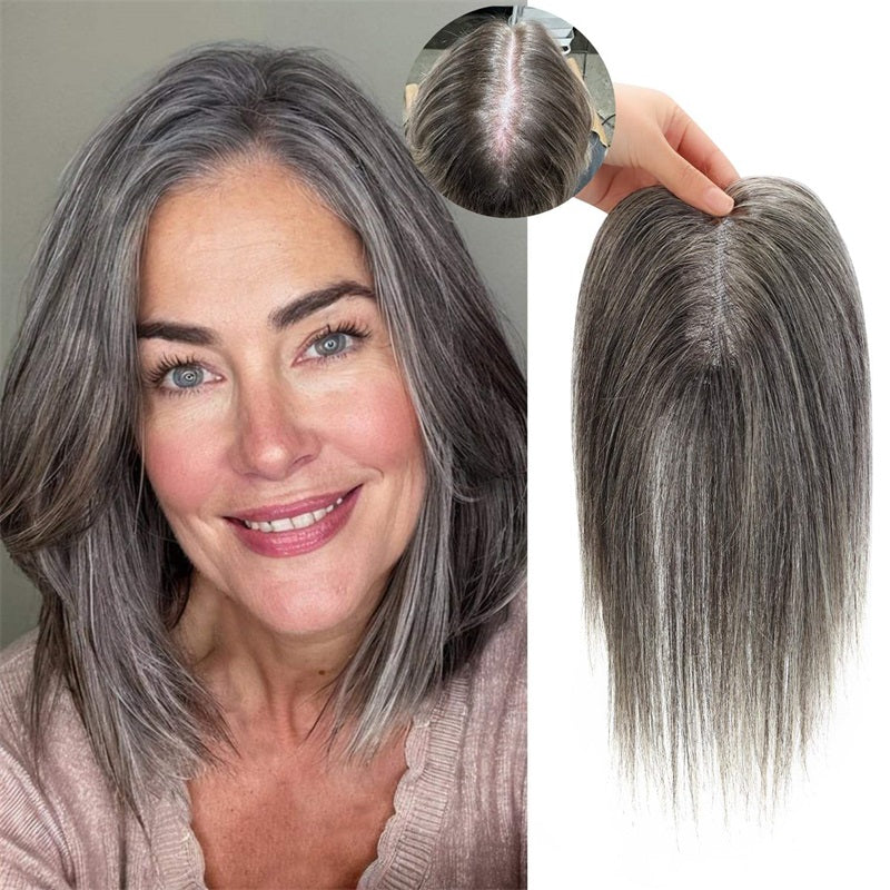 Silver Gray Mono Top Human Hair Toppers for Women, 12-18 Inch